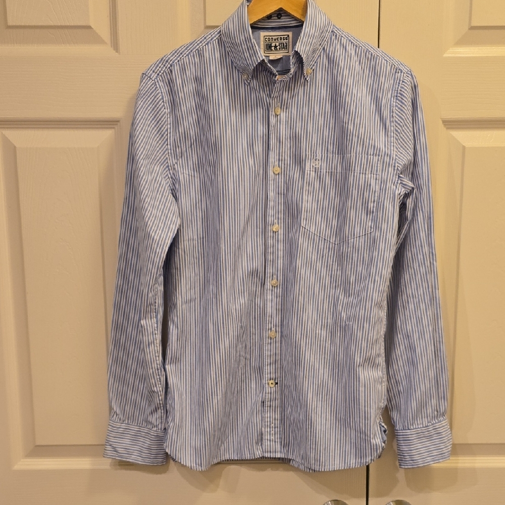 Converse Men's Blue and White Striped Button-Down Shirt